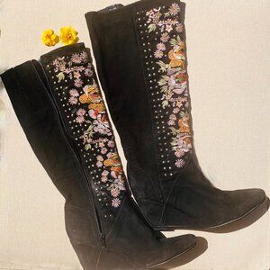 Free People black suede boots with floral embroidery